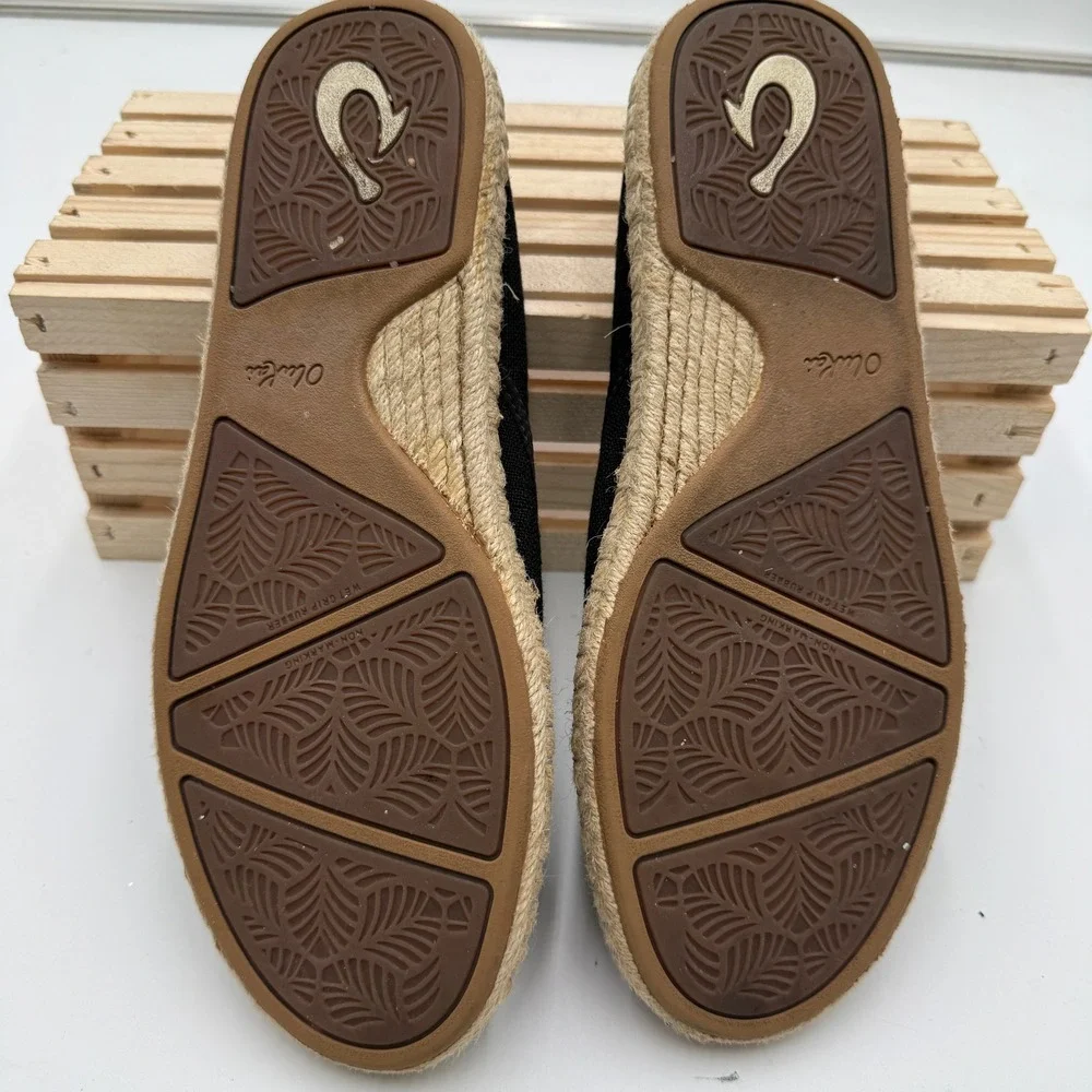 OluKai Espadrilles Kaula Pa'a Kapa Linen Drop-In Heel Black Womens 7.5